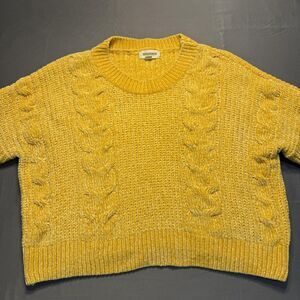 Cocovive Sweater Womens Medium Yellow Chenille Cable Knit Crewneck Pullover crop